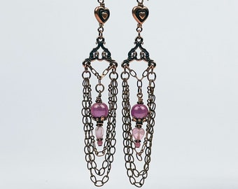 Handmade Dangle Earrings; Victorian-Look Pink and Copper Earrings; Pink Chinese &quot;Wonder&quot; and Czech Glass Beads, Copper Chain