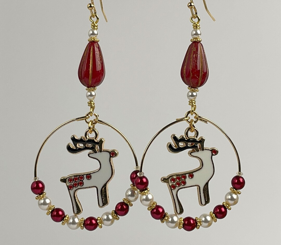 Christmas Dangle Earrings White Reindeer in Beaded Hoops Etsy
