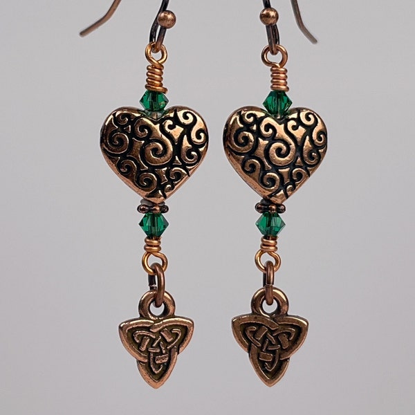 Handmade Dangle Earrings; Copper Scrollwork Hearts with Copper Celtic Triad Dangles and Majestic Green Austrian Crystal Bicones