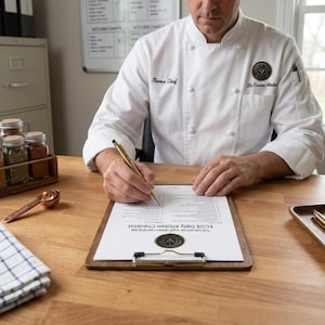 Pode incluir: Uma dólmã de chef branca com logótipo e texto bordados a preto, usada enquanto se escreve numa lista de verificação intitulada The Executive Chef Operating System ECOS Daily Kitchen Checklist, fixada numa prancheta de madeira.