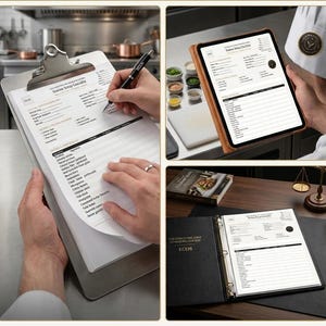Op de afbeelding: Een verzameling keukenmanagementtools, waaronder een metalen klembord met een Station Setup Checklist, een tablet met een digitale versie van dezelfde lijst en een zwarte ringband met het opschrift The Executive Chef Descaling System ECOS.
