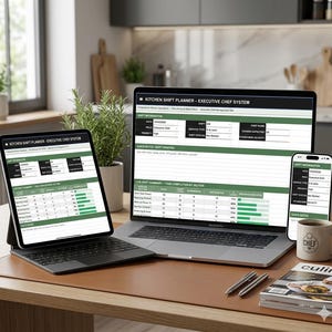 May include: A workspace featuring a laptop, tablet, and smartphone displaying a "Kitchen Shift Planner - Executive Chef System." A coffee mug with "CHEF" on it, pens, and a magazine are also on the brown desk. A plant is in the background.