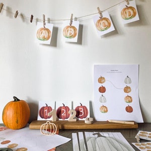 Peut inclure: Un ensemble d'activités éducatives sur le thème de la citrouille pour les enfants. L'ensemble comprend une bannière de citrouille avec les lettres A, B, C et D, des cartes de nombres avec des citrouilles, des chiffres en bois 1, 2 et 3, un puzzle de citrouille et une activité de correspondance de citrouille.