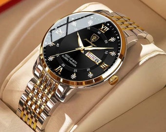 Men's Watch, Stainless Steel Man Wristwatch, Watches Analog Fashionable Business Gold Black