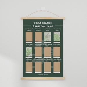Puede incluir: Un colgante de pared verde oscuro con el texto "12 COLS CYCLISTES À FAIRE DANS SA VIE". Presenta 12 casillas con nombres de montañas, diseñadas para que los ciclistas rasquen las subidas completadas. El póster está sujeto por barras de madera.