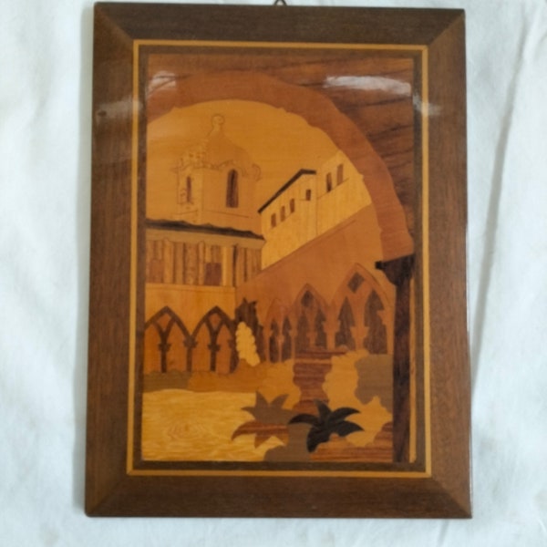 Quadro su legno intarsiato idea regalo vintage con campanile e vista palazzo arabesco