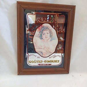 Specchio Pubblicitario Vintage "Chocolat Poulain" con Cornice in Legno – 35x27 cm, Decorazione Retrò