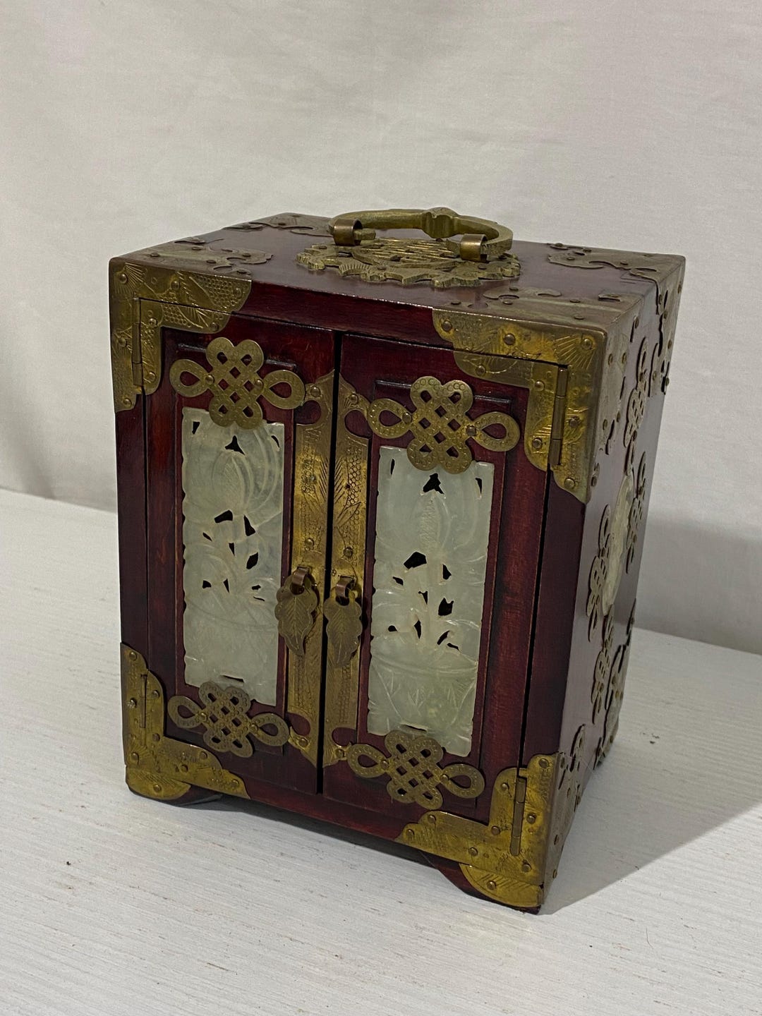 Chinese Wooden Jewelry Box With Brass and Hard Stone