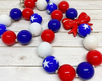 Independence Day Chunky Bubblegum Necklace with Red Acrylic Bow, Red White and Blue Chunky Necklace, 4th of July Toddler Chunky Bracelet