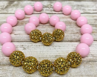 Light Pink and Gold Bubblegum Necklace, Pink Chunky Necklace, Pink Beaded Toddler Necklace, Toddler Girl Bubblegum Bracelet, Baby Necklace