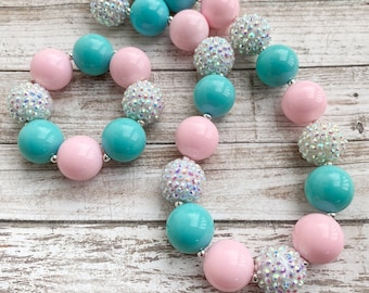 Pink and Blue Baby Girl Necklace, Girl toddler Jewelry, Little Girl Chunky Necklace, Beaded Bracelet for Girls, Chunky Bubblegum Necklace