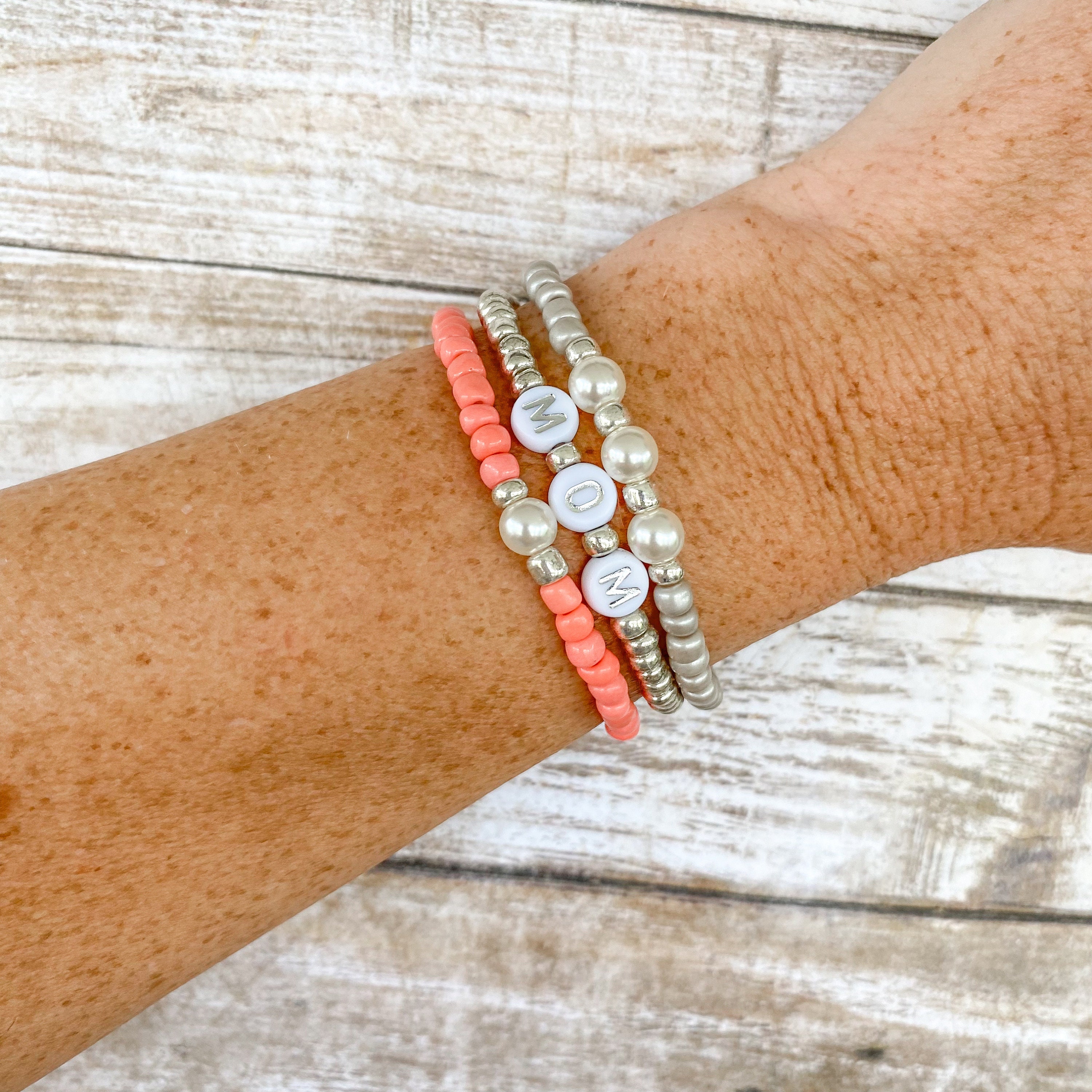 Mom Letter Bead Bracelet, Mom Stack Bracelets, Mom Gift, Name Bracelet ...