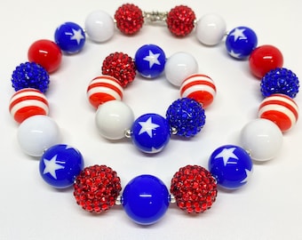 4th of July Chunky Necklace, Red White and Blue Bubblegum Necklace, Memorial Day Jewelry, July 4th Bracelet, 4th of July Baby Necklace