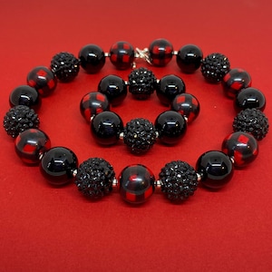 Buffalo Plaid Jewelry, Black and Red Plaid Jewelry, Red Plaid Bracelet, Winter Chunky Necklace, Girl Toddler Jewelry, Red Plaid Necklace