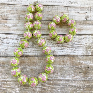 Tropical Bubblegum Necklace, Pink and Green Flower Chunky Necklace, Girl Toddler Beaded Necklace, Hawaiian Necklace, Beach Jewelry