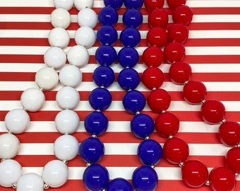Red White and Blue Bubblegum Necklaces, 4th of July Party Favors, Patriotic Chunky Necklace, July 4th Beaded Jewelry, America Accessories