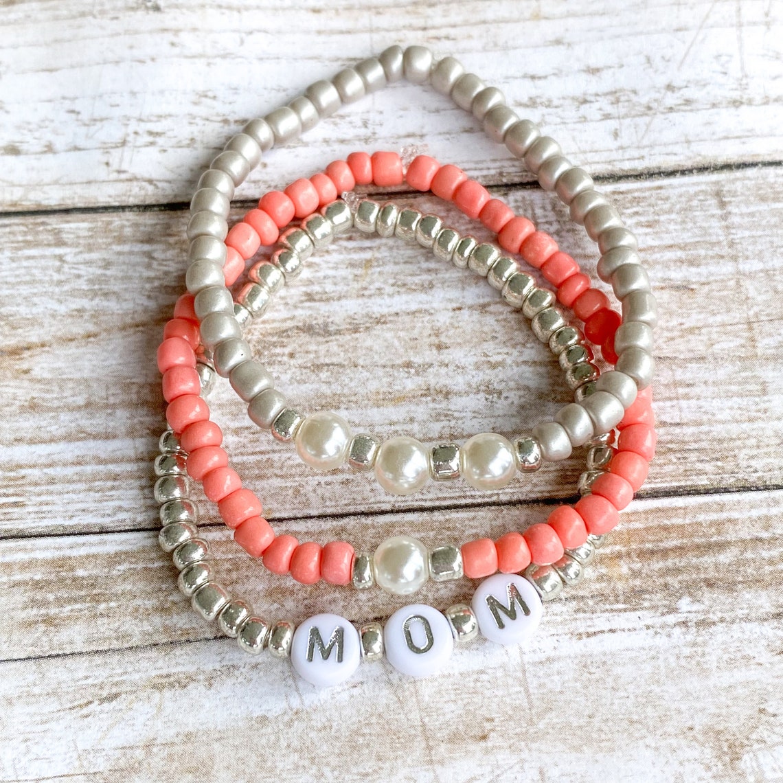 Mom Letter Bead Bracelet, Mom Stack Bracelets, Mom Gift, Name Bracelet ...