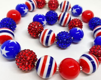 July 4th Bubblegum Necklace, Red White and Blue Chunky Necklace, Memorial Day Toddler Jewelry, 4th of July Baby Bracelet, Patriotic Jewelry