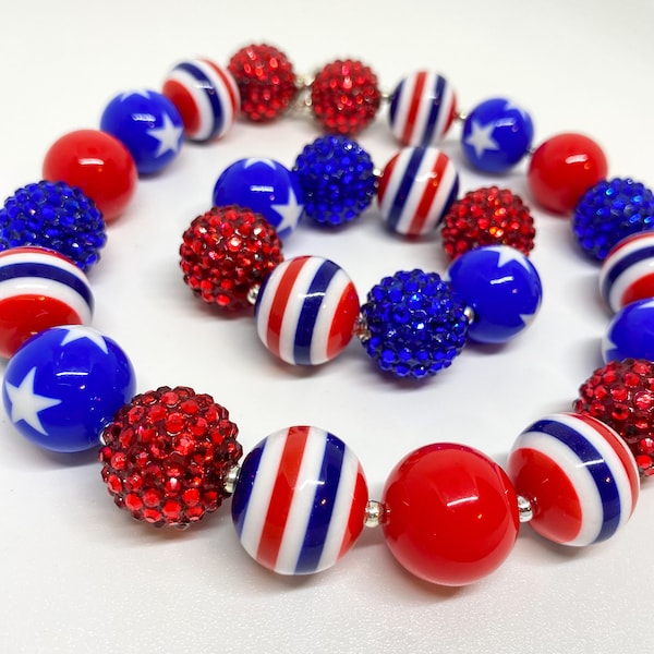 July 4th Bubblegum Necklace, Red White and Blue Chunky Necklace, Memorial Day Toddler Jewelry, 4th of July Baby Bracelet, Patriotic Jewelry