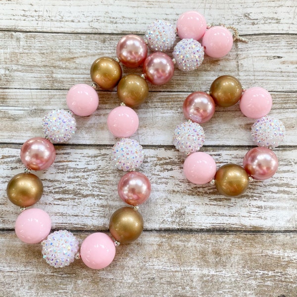 Pink Bubblegum Necklace, Pink and Gold Toddler Necklace, 1st Birthday Chunky Necklace, Baby Girl Bracelet, Little Girl Pink Jewelry