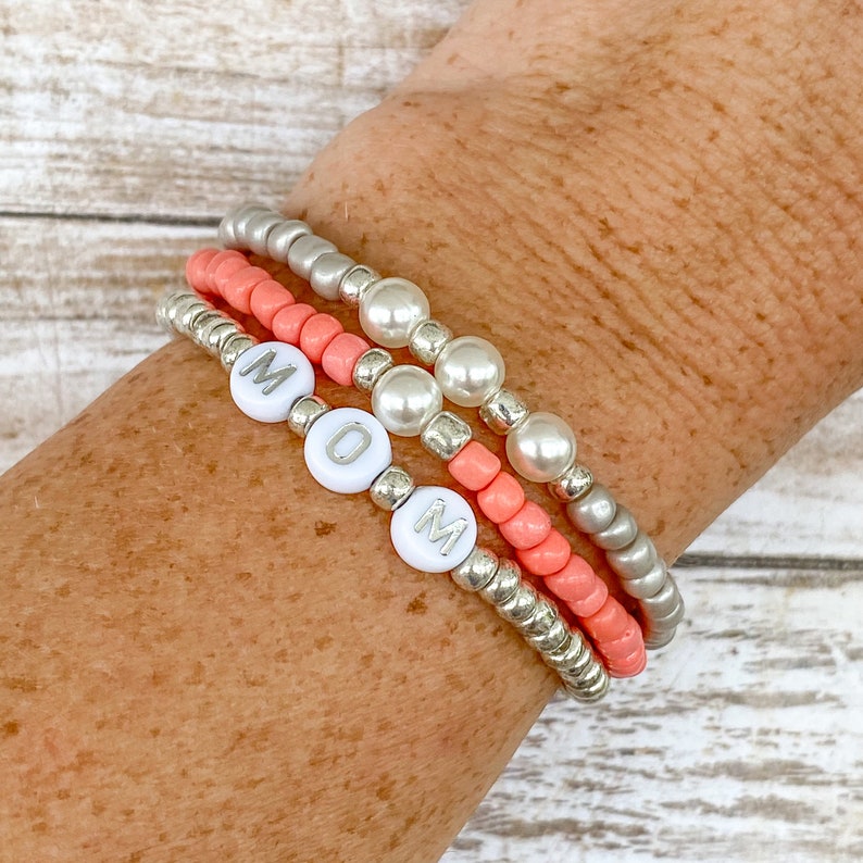 Mom Letter Bead Bracelet, Mom Stack Bracelets, Mom Gift, Name Bracelet ...
