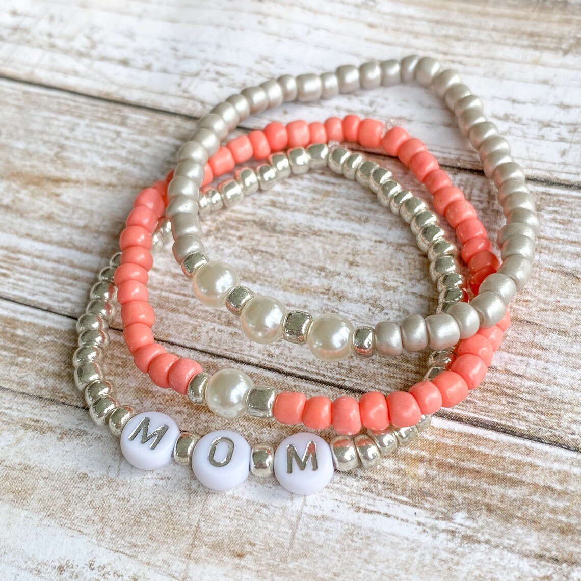 Mom Letter Bead Bracelet, Mom Stack Bracelets, Mom Gift, Name Bracelet ...