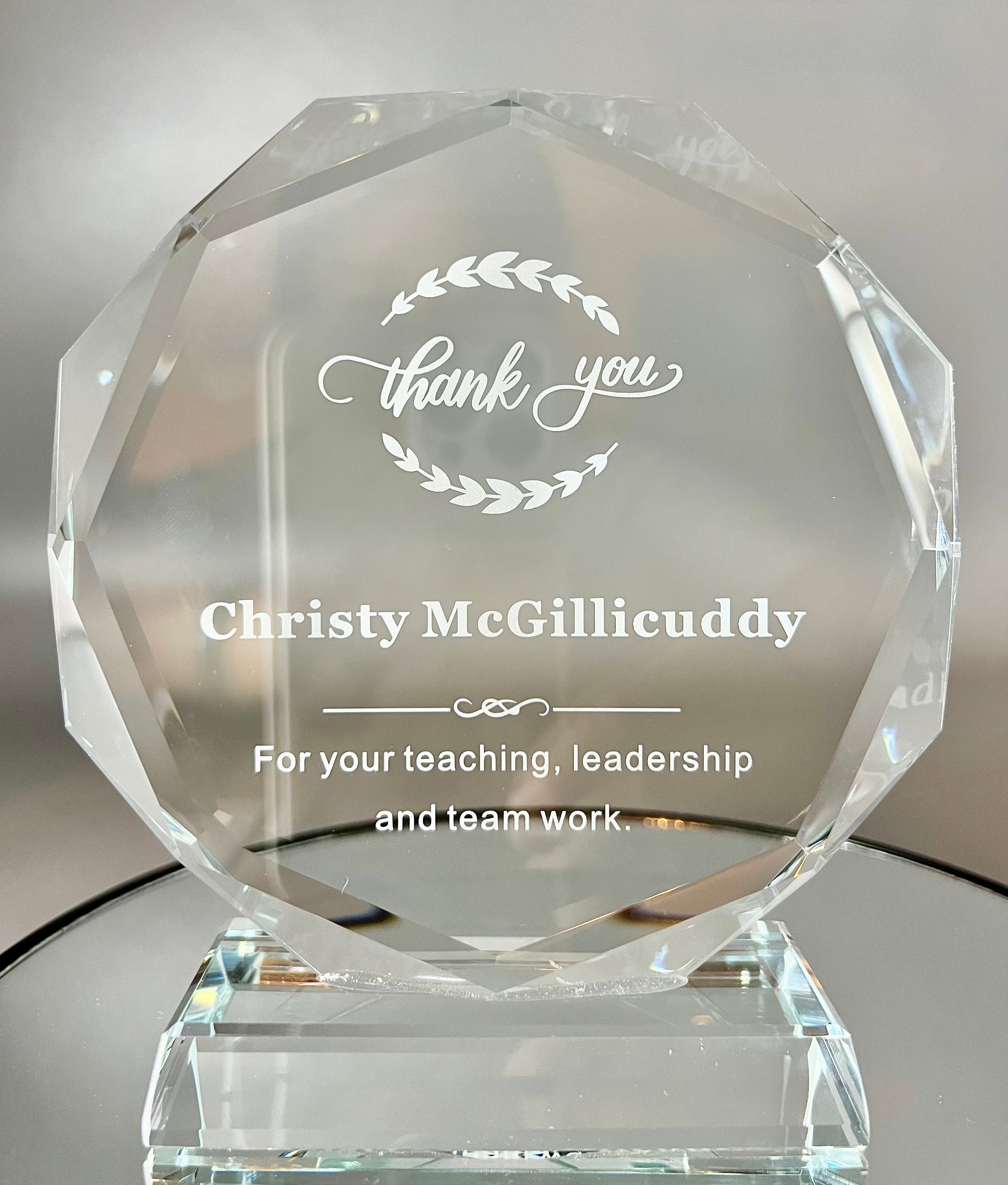 Personalized 5" Round Crystal Plaque on Blue Base Award with Text and