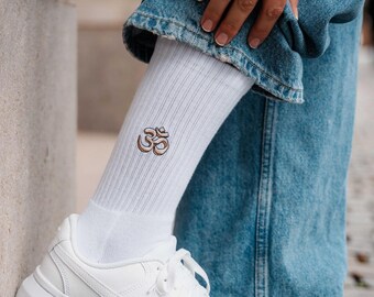 Om symbol socks for meditation fans • Embroidered organic cotton sports socks for women & men • Fun tennis socks with yoga motif