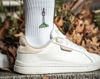 Television tower socks for Stuttgart fans • Embroidered organic cotton sports socks for women & men • Funny tennis socks with 0711 motif