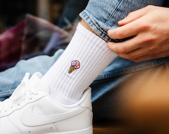 Ice cream socks for dessert lovers • Embroidered organic cotton sports socks for women & men • Fun tennis socks with an ice cream motif