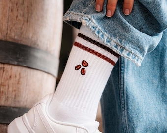 Coffee Bean Socks for Coffee Lovers • Embroidered Organic Cotton Sports Socks for Women & Men • Fun Tennis Socks with Coffee Motif