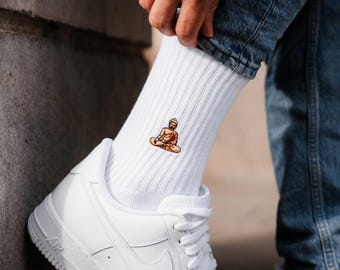 Temple Figure Socks for Yoga Fans • Embroidered Organic Cotton Sports Socks for Women & Men • Fun Tennis Socks with Bali Motif