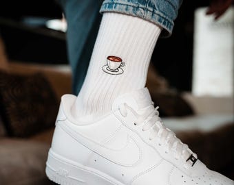 Coffee Cup Socks for Coffee Lovers • Embroidered Organic Cotton Sports Socks for Women & Men • Fun Tennis Socks with Coffee Motif