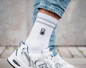 Kettlebell socks for fitness enthusiasts • Embroidered organic cotton sports socks for men & women • Fun tennis socks with sports motifs