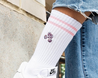 Pink dumbbell socks for fitness fans • Embroidered organic cotton sports socks for women & men • Fun tennis socks with dumbbell motif