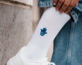 Magic Hand Socks for Travel Fans • Embroidered Organic Cotton Sports Socks for Women & Men • Fun Tennis Socks with Spiritual Motifs
