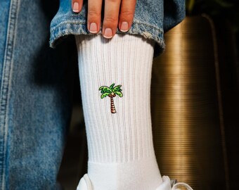 Palm Tree Socks for Travel Fans • Embroidered Organic Cotton Sports Socks for Women & Men • Fun Tennis Socks with Island Motif