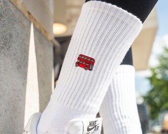 Double-decker bus socks for London fans • Embroidered organic cotton sports socks for women & men • Funny tennis socks with Routemaster motif