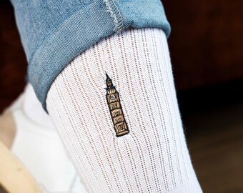 Big Ben socks for London fans • Embroidered organic cotton sports socks for women & men • Funny tennis socks with England motif