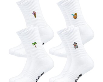 Travel Mix Socks 4-Pack for Travel Enthusiasts • Embroidered Organic Cotton Sports Socks for Women & Men • Fun Tennis Socks with Holiday Motif