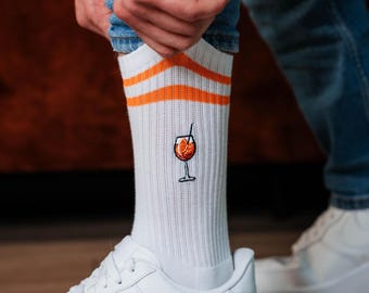Spritz Aperitif Socks for Cocktail Fans • Embroidered Organic Cotton Sports Socks for Women & Men • Fun Tennis Socks with Drink Motif