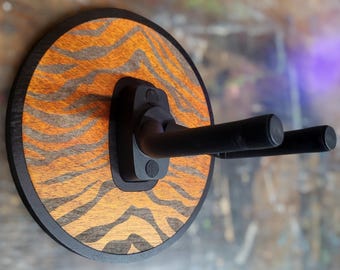 Tiger-Striped Guitar Wall Mount: Decorative Wooden Instrument Display - "Tiger King" from Wildwood Guitar Hangers