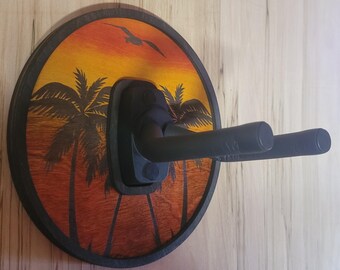 Custom Wooden Guitar Hanger: Coastal Sunset Decorative Wall Mounted Guitar Holder With Palm Trees