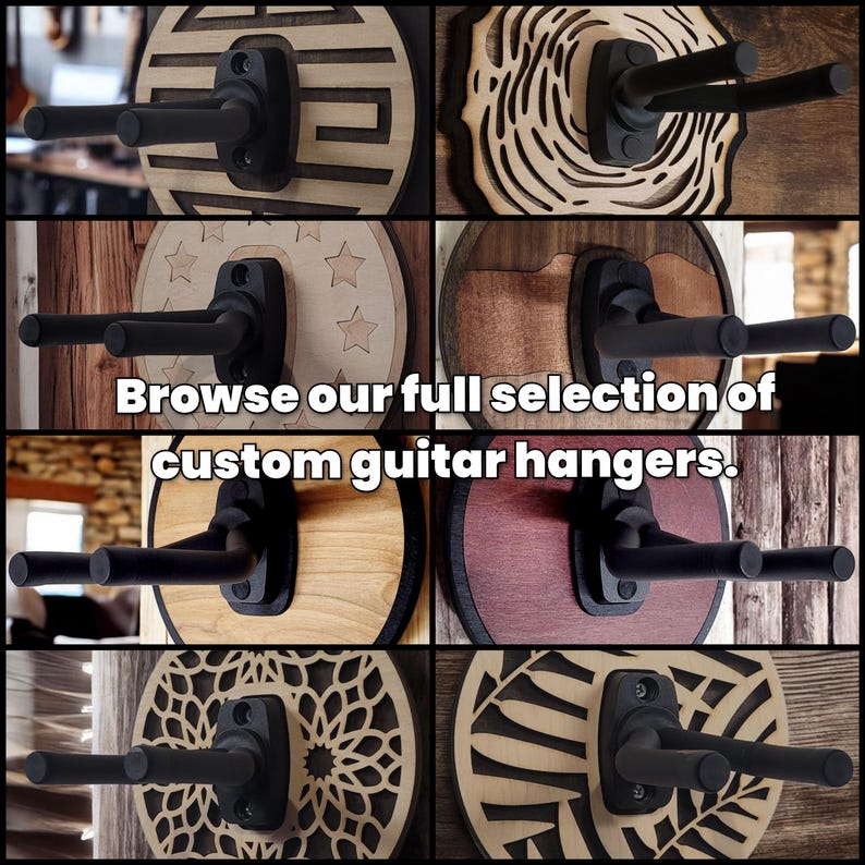 A montage of 8 different custom Wildwood guitar hangers shown hanging in beautiful house and studio environments.