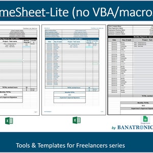 Op de afbeelding: Een screenshot van een spreadsheet-sjabloon met de titel "TimeSheet-Lite (no VBA/macros)" van Banatronics. De sjabloon is ontworpen voor freelancers en bevat kolommen voor datum, dag van de week, project, taaknaam, gewerkte uren en locatie. De sjabloon is beschikbaar om te downloaden als een Excel-bestand.