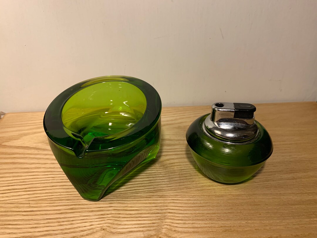 Antique 1960s Green Viking Glass Ashtray and Table Top Butane Etsy
