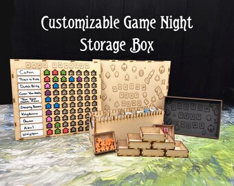 Game Night Box Card Organizer - Includes Personalization, Card Storage, Dice Tray, Dividers, Token Holders, Etc.