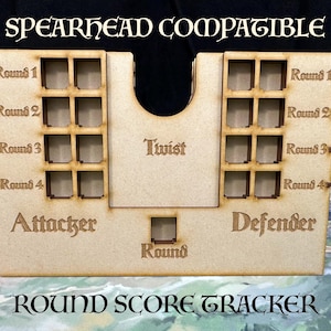 May include: A wooden round score tracker for a game, with the text "SPEARHEAD COMPATIBLE" at the top. It has slots for rounds 1-4 for both Attacker and Defender, plus a Twist and Round slot.