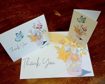Thank you card, with watercolor flowers in vase and butterfly. 4 files, 2pdf's & 1png 5X7. download pdf