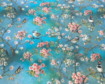Oiseaux sur un arbre en fleurs, tissu de coton